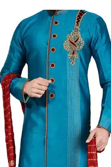 Turquoise embroidered art dupion silk sherwani