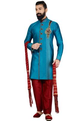 Turquoise embroidered art dupion silk sherwani 1