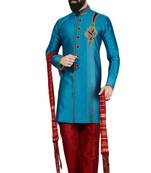 Turquoise embroidered art dupion silk sherwani