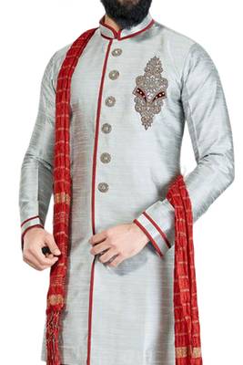 Grey embroidered art dupion silk sherwani 2