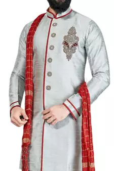 Grey embroidered art dupion silk sherwani