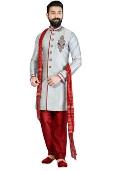 Grey embroidered art dupion silk sherwani