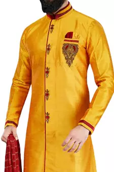 Yellow embroidered art dupion silk sherwani