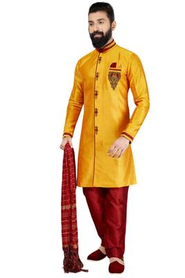 Yellow embroidered art dupion silk sherwani 1