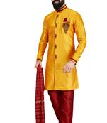 Yellow embroidered art dupion silk sherwani