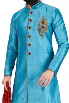 Turquoise embroidered art dupion silk sherwani
