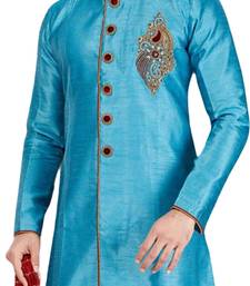 Turquoise embroidered art dupion silk sherwani