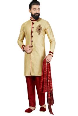 Fawn embroidered art dupion silk sherwani 1