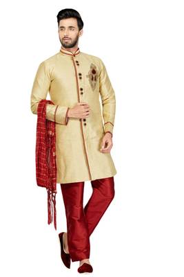 Fawn embroidered art dupion silk sherwani 1