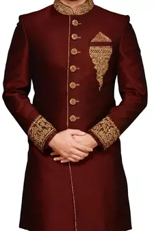 Maroon embroidered art dupion silk sherwani