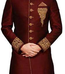 Maroon embroidered art dupion silk sherwani