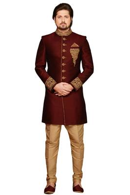 Maroon embroidered art dupion silk sherwani 1