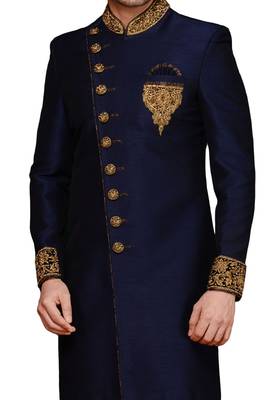 Blue embroidered art dupion silk sherwani 2