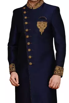 Blue embroidered art dupion silk sherwani
