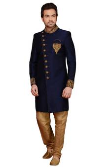 Blue embroidered art dupion silk sherwani
