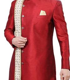 Red embroidered art dupion silk sherwani
