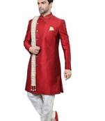 Red embroidered art dupion silk sherwani