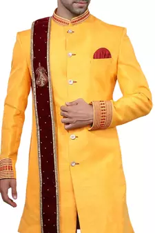 Yellow embroidered art dupion silk sherwani
