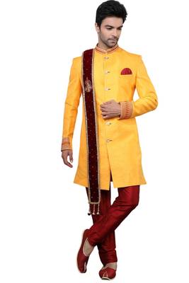 Yellow embroidered art dupion silk sherwani 1