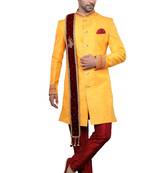 Yellow embroidered art dupion silk sherwani
