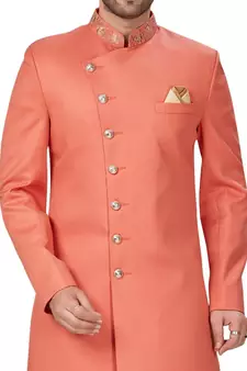 Beige embroidered art dupion silk sherwani