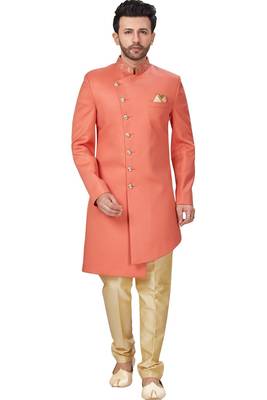 Beige embroidered art dupion silk sherwani 1