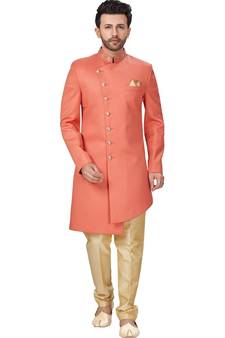 Beige embroidered art dupion silk sherwani