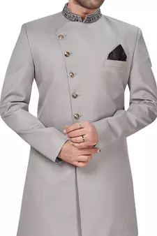 Grey embroidered art dupion silk sherwani
