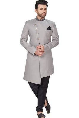 Grey embroidered art dupion silk sherwani 1