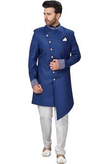 Blue embroidered art dupion silk sherwani