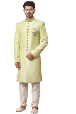 Green embroidered art dupion silk sherwani 1