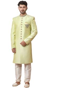 Green embroidered art dupion silk sherwani