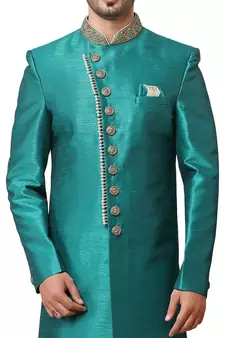 Turquoise embroidered art dupion silk sherwani