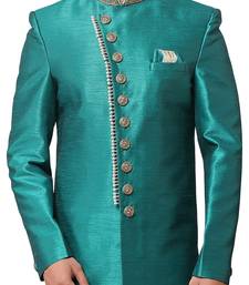 Turquoise embroidered art dupion silk sherwani