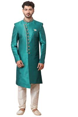 Turquoise embroidered art dupion silk sherwani 1