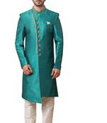 Turquoise embroidered art dupion silk sherwani