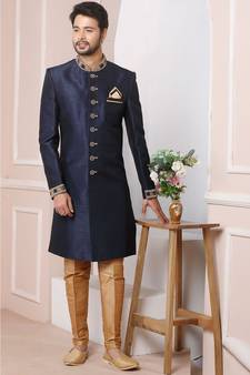 Blue embroidered art dupion silk sherwani
