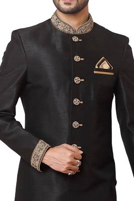 Black embroidered art dupion silk sherwani 2