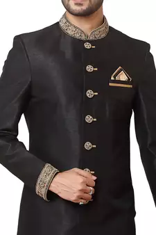 Black embroidered art dupion silk sherwani