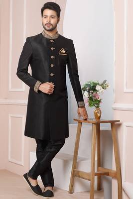 Black embroidered art dupion silk sherwani 1