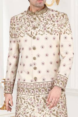 Beige embroidered art dupion silk sherwani 2