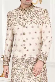 Beige embroidered art dupion silk sherwani