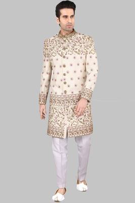 Beige embroidered art dupion silk sherwani 1