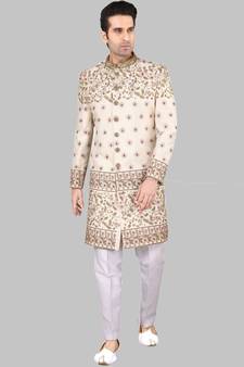 Beige embroidered art dupion silk sherwani