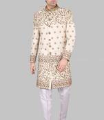 Beige embroidered art dupion silk sherwani