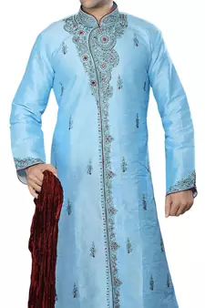 Blue embroidered art dupion silk sherwani