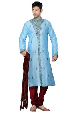 Blue embroidered art dupion silk sherwani 1