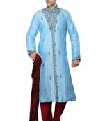 Blue embroidered art dupion silk sherwani