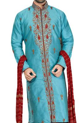 Turquoise embroidered art dupion silk sherwani 2