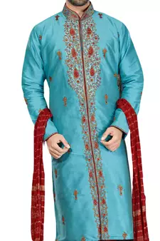 Turquoise embroidered art dupion silk sherwani